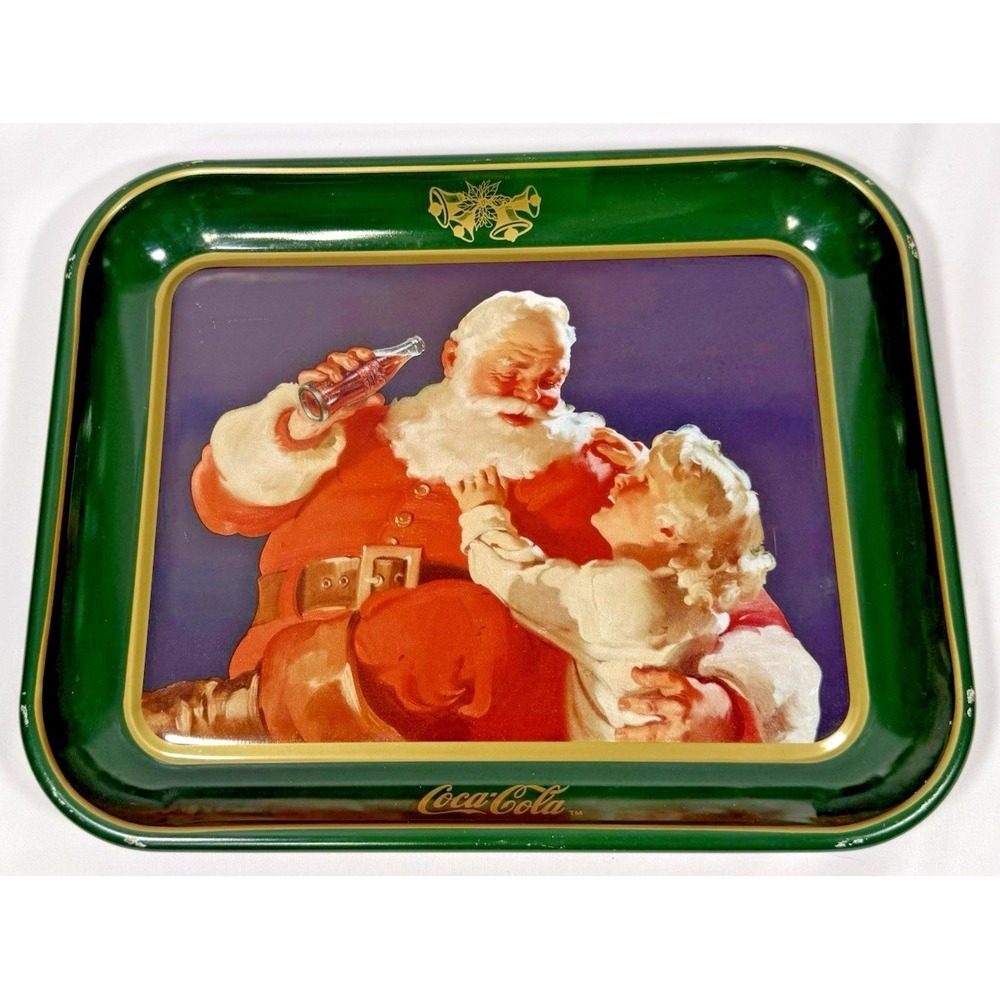 Coca-Cola Serving Tray Green 1983 Santa Claus Christmas Metal Vintage